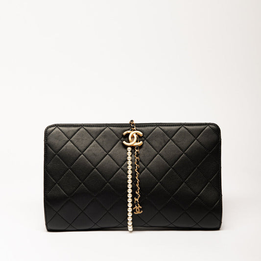 Chanel Black Quilted Pearl Clutch