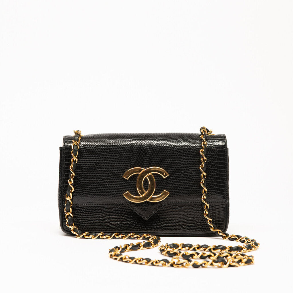 Chanel Vintage Black Lizard Crossbody