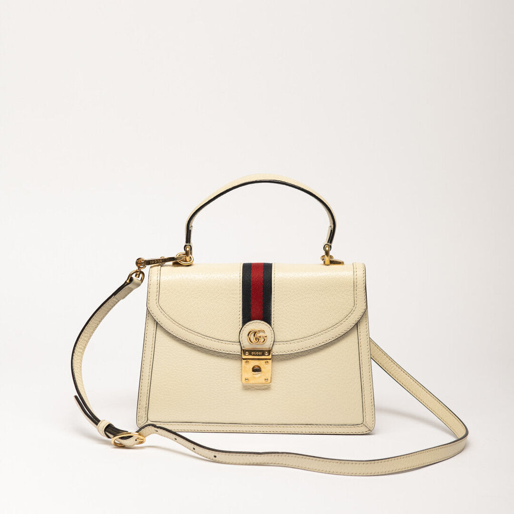 Gucci White Leather Striped Top Handle Bag