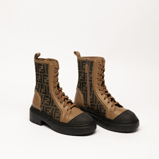 Fendi Brown Leather & Zucca Canvas Combat Boots