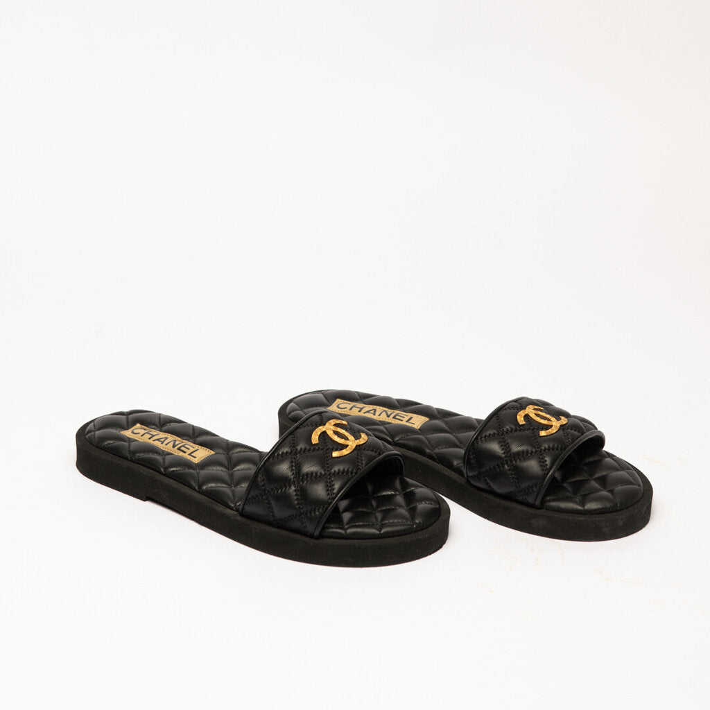Chanel Black Quilted Lambskin Slides