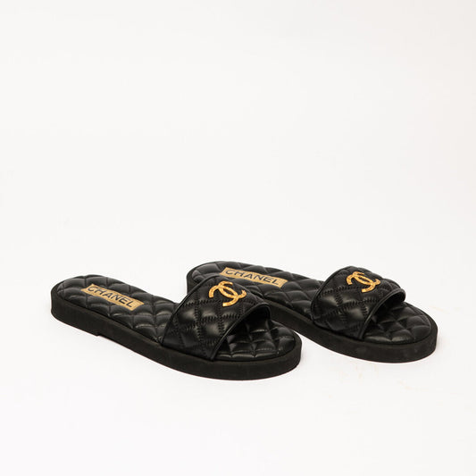 Chanel Black Quilted Lambskin Slides