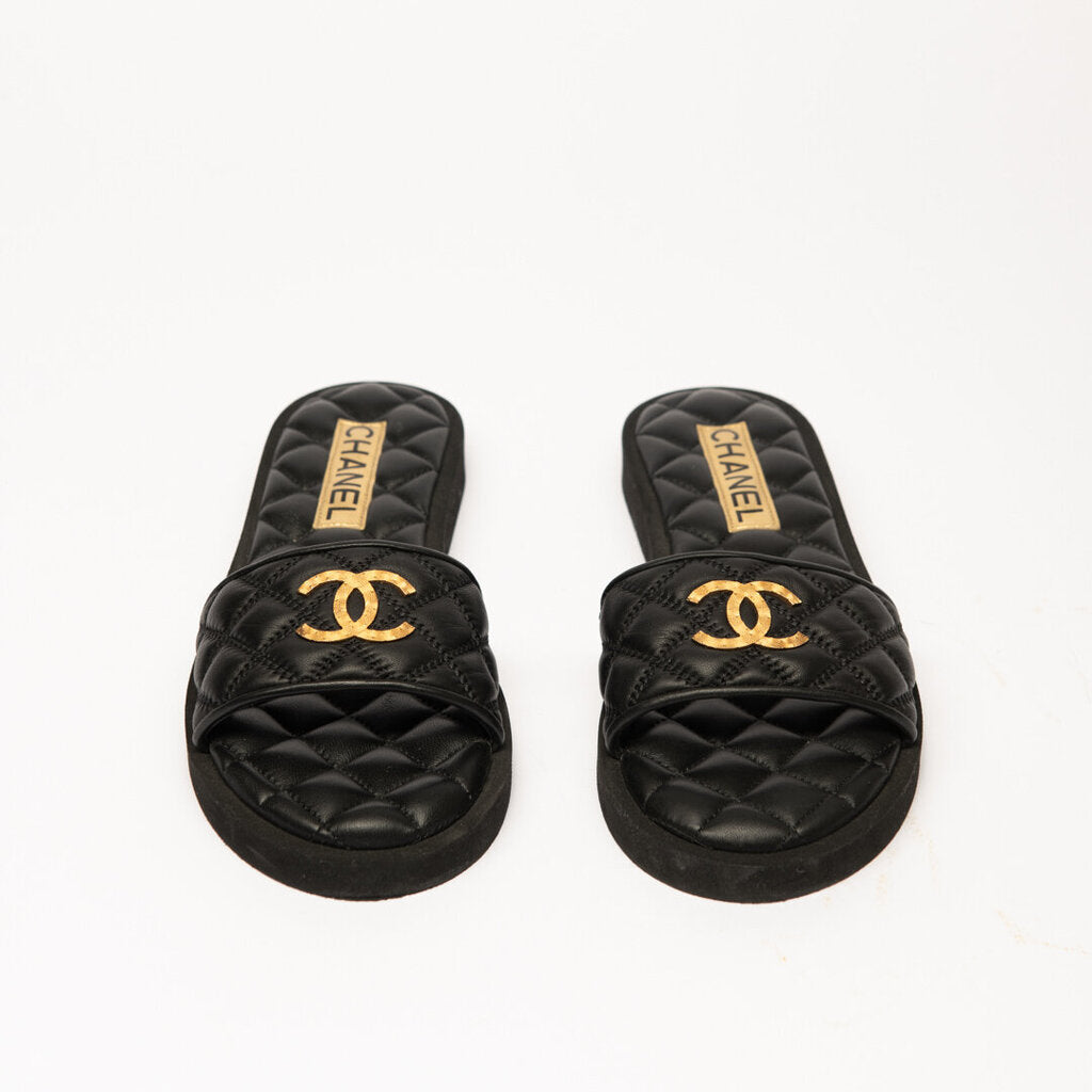 Chanel Black Quilted Lambskin Slides