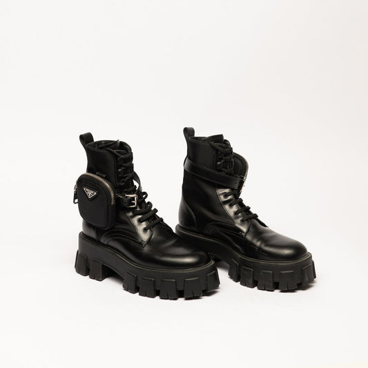 Prada Black Leather Lug Sole Boots with Pouch