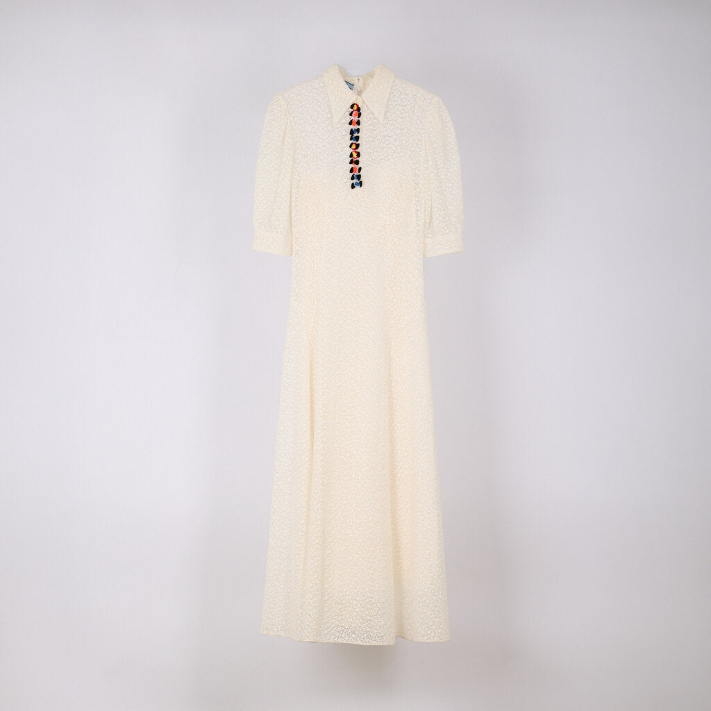 Prada White Lace Crochet Button Maxi Dress