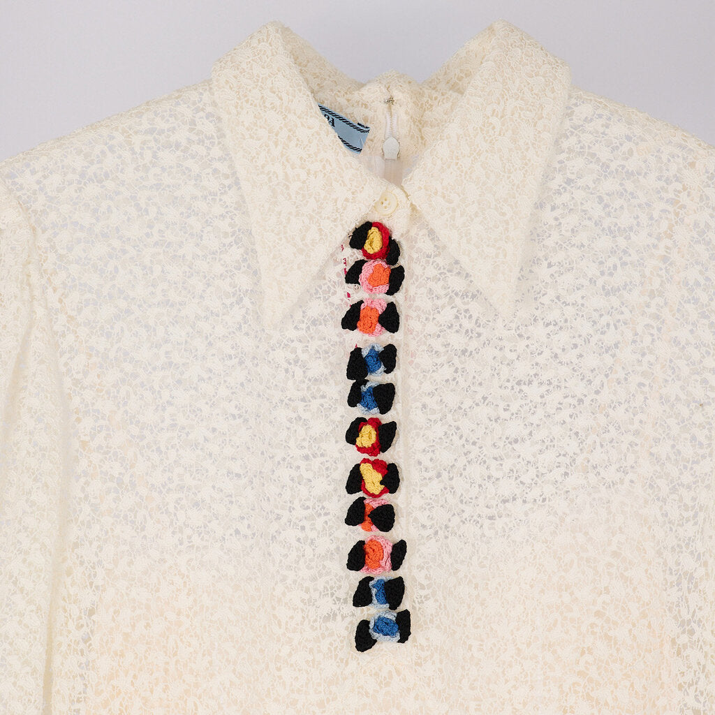 Prada White Lace Crochet Button Maxi Dress
