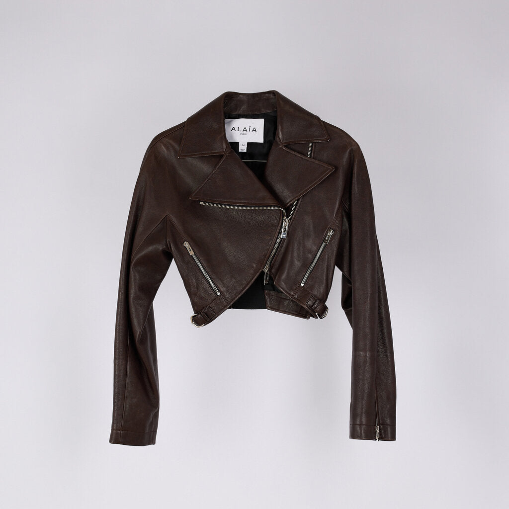 Alaia Brown Lamb Leather Cropped Leather Jacket