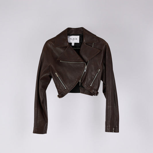 Alaia Brown Lamb Leather Cropped Leather Jacket