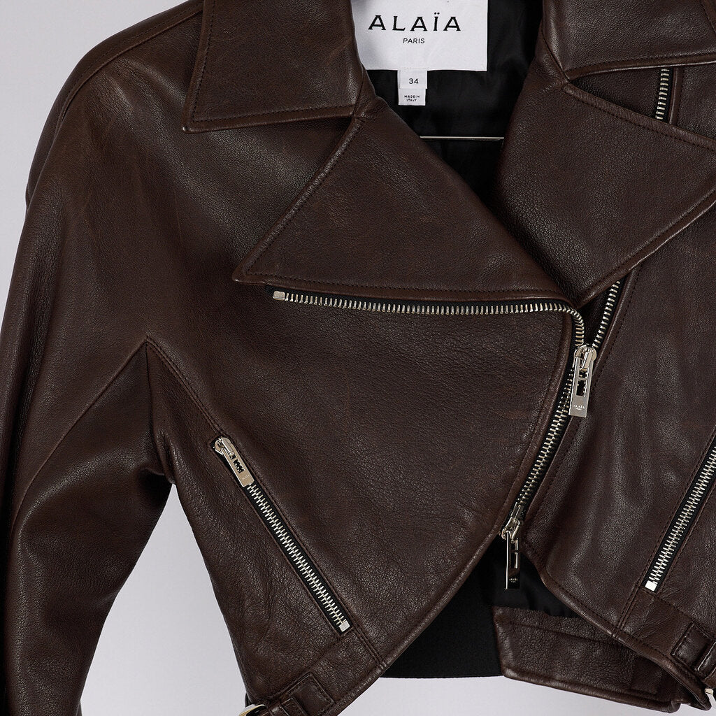 Alaia Brown Lamb Leather Cropped Leather Jacket
