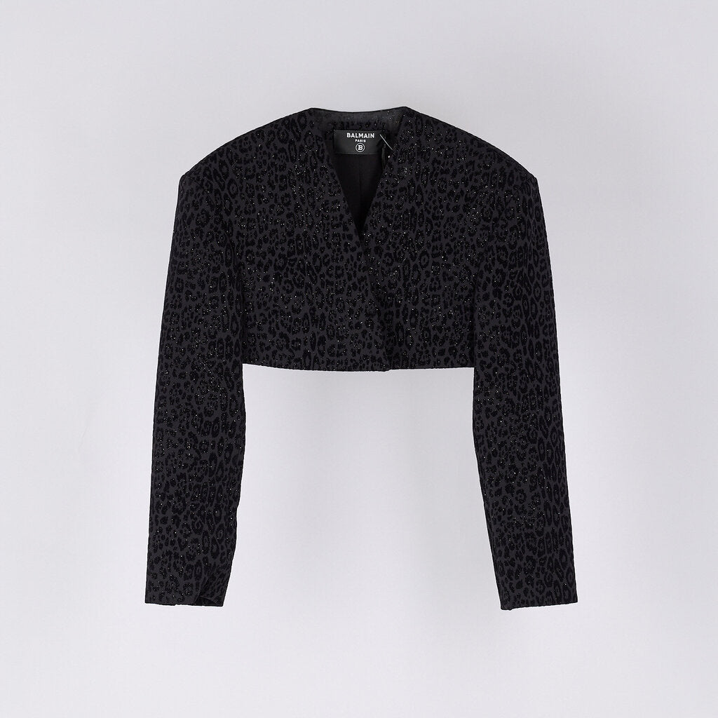 Balmain Black Poly & Viscose Cropped Leopard Jacket