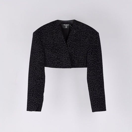 Balmain Black Poly & Viscose Cropped Leopard Jacket