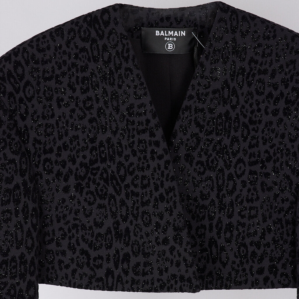 Balmain Black Poly & Viscose Cropped Leopard Jacket