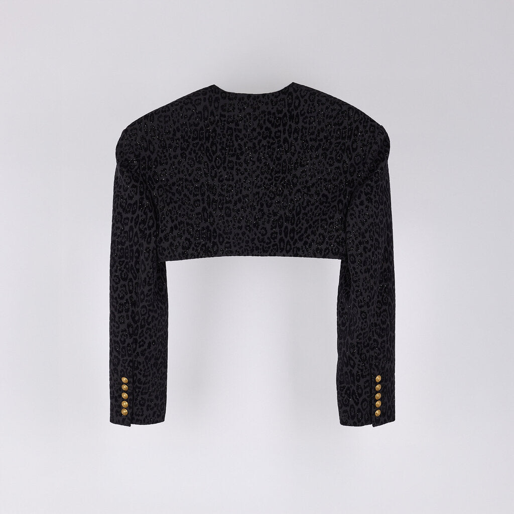 Balmain Black Poly & Viscose Cropped Leopard Jacket