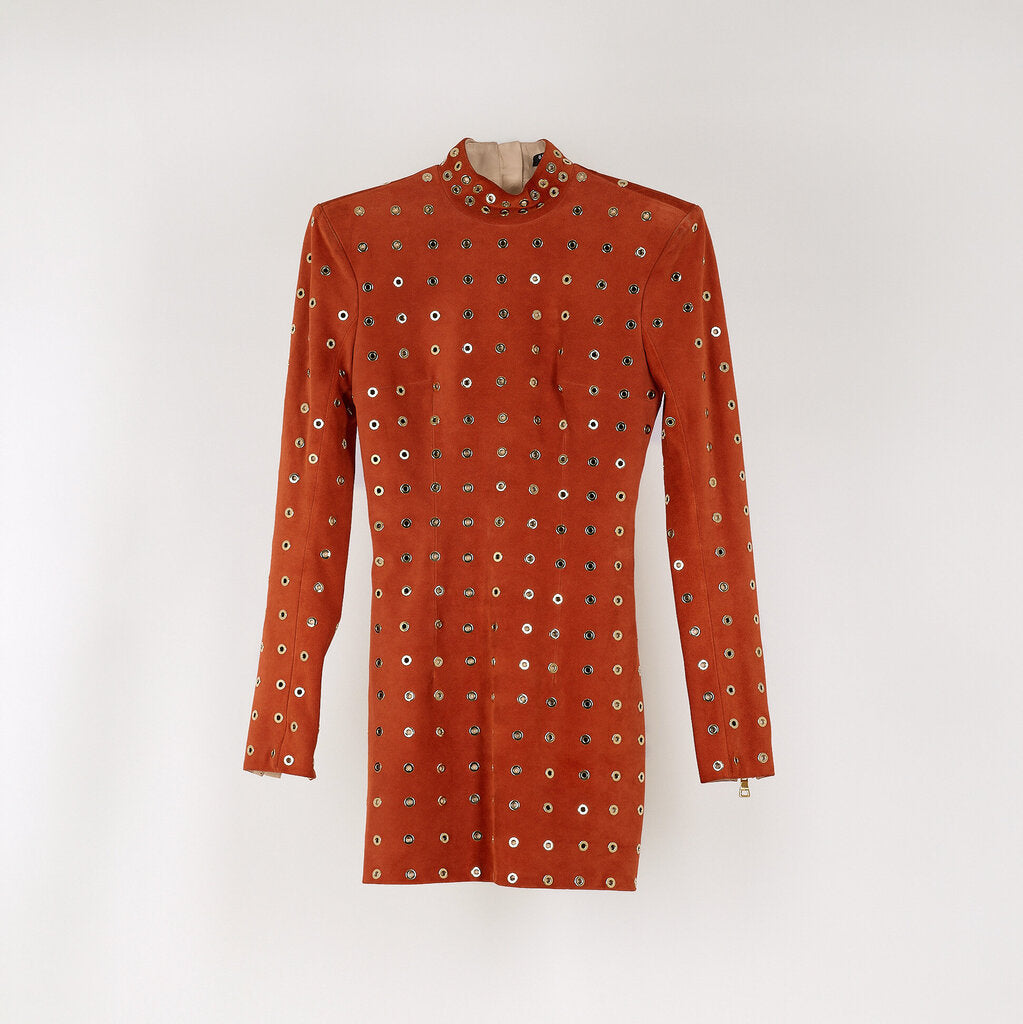 Balmain Rust Suede Gold Grommet Longsleeve Mini Dress