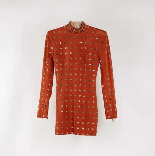 Balmain Rust Suede Gold Grommet Longsleeve Mini Dress
