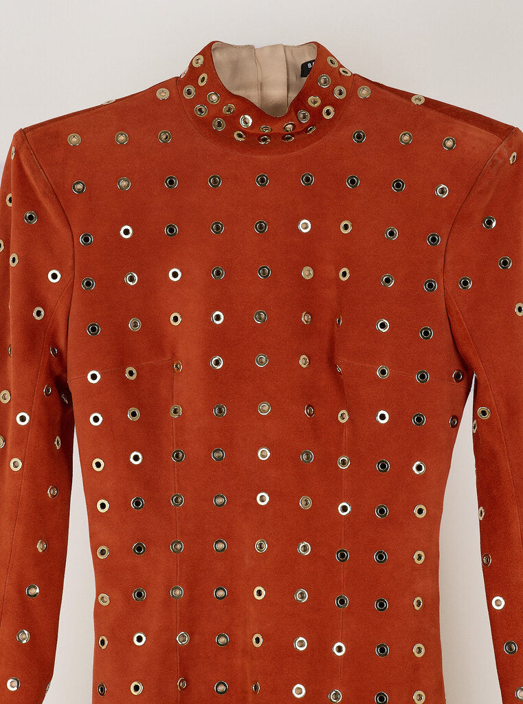 Balmain Rust Suede Gold Grommet Longsleeve Mini Dress