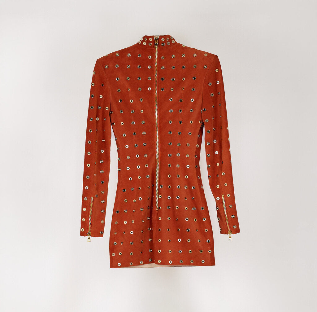 Balmain Rust Suede Gold Grommet Longsleeve Mini Dress