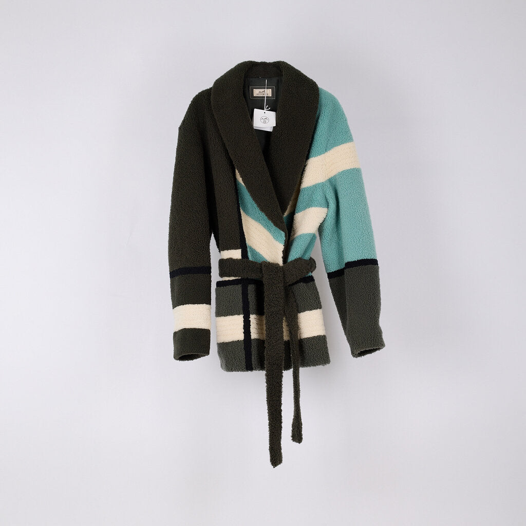 Hermes Multicolor Wool Shearling Belted Coat