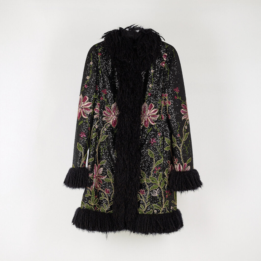 Giambattista Valli Black Embroidered Fur Trim Coat