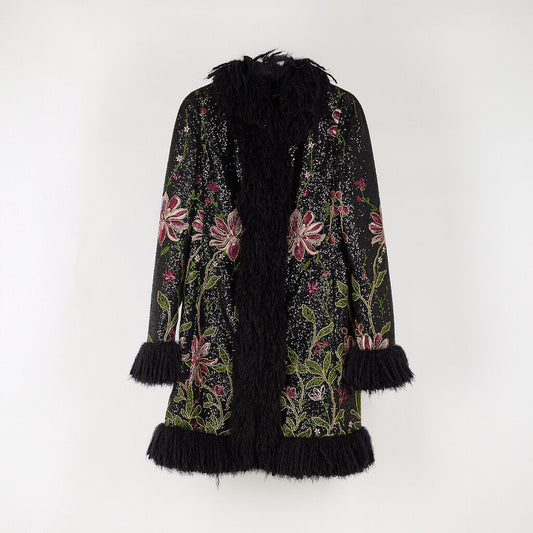 Giambattista Valli Black Embroidered Fur Trim Coat