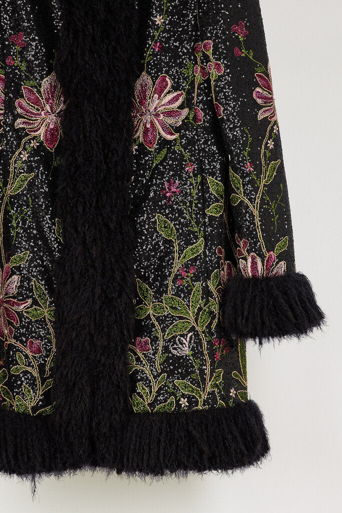 Giambattista Valli Black Embroidered Fur Trim Coat