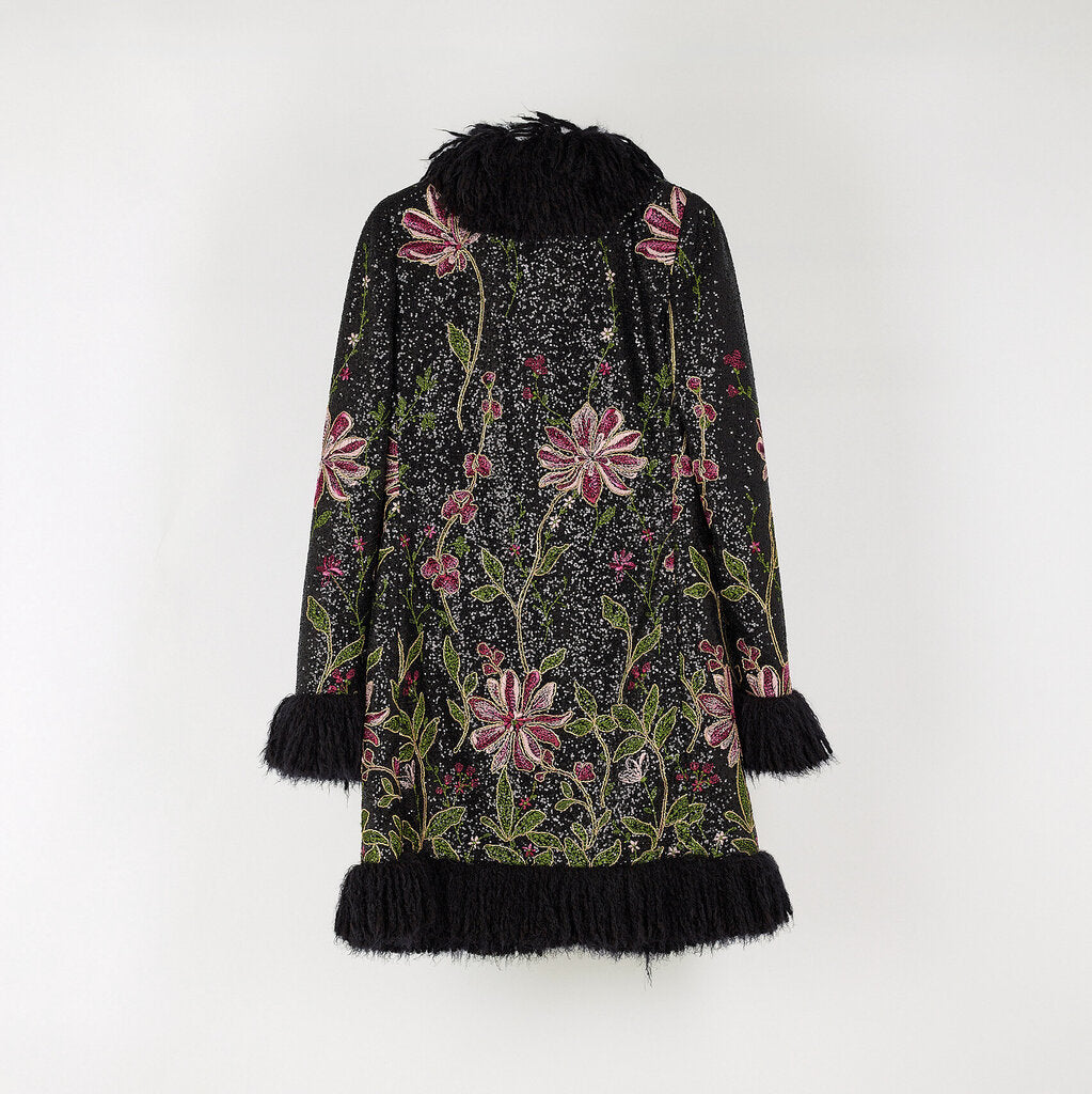Giambattista Valli Black Embroidered Fur Trim Coat