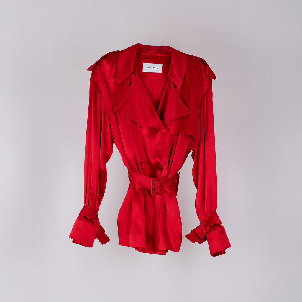 Ferragamo Red Satin Belted Trench Coat