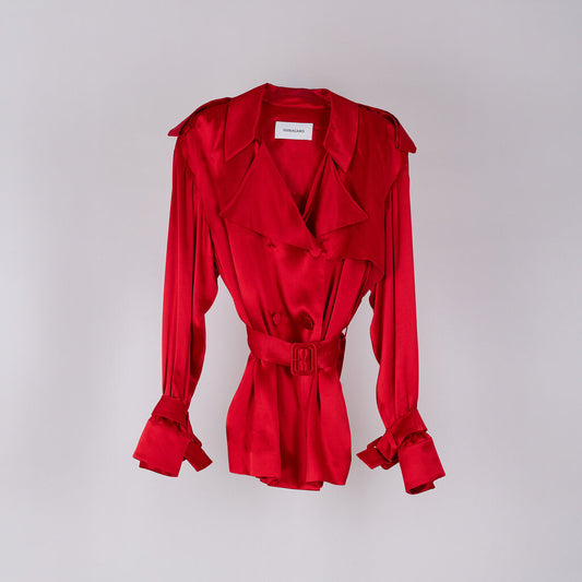 Ferragamo Red Satin Belted Trench Coat