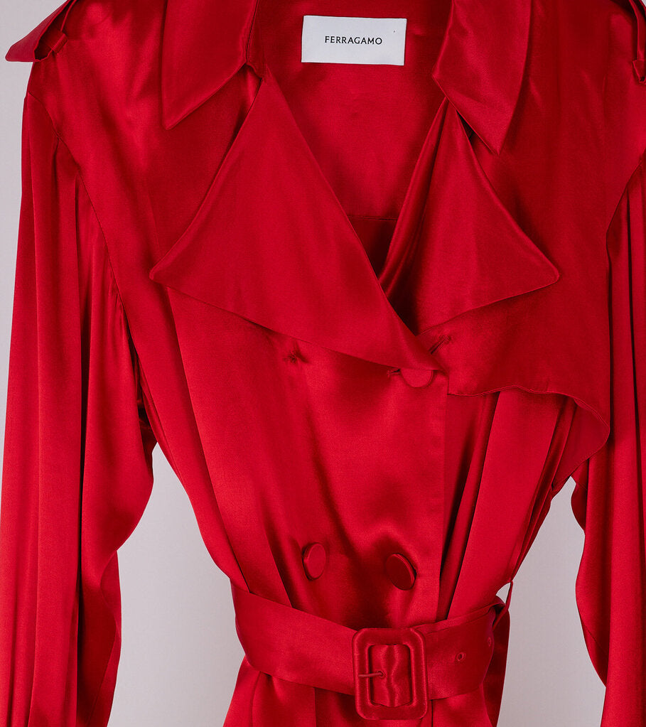 Ferragamo Red Satin Belted Trench Coat