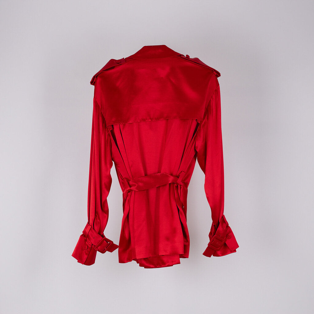 Ferragamo Red Satin Belted Trench Coat