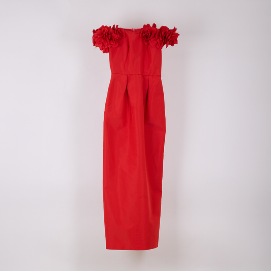 Monique Lhuillier Red Floral Column Off the Shoulder Gown