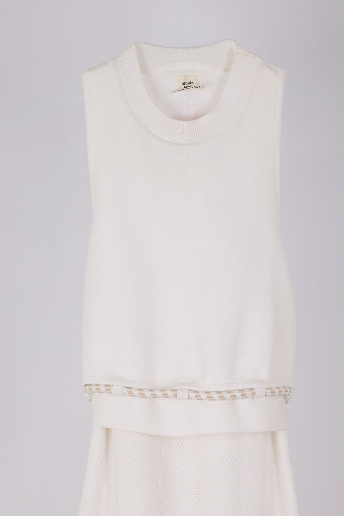 Hermes White & Grey Sleeveless Mini Cotton Blend Tie Dress