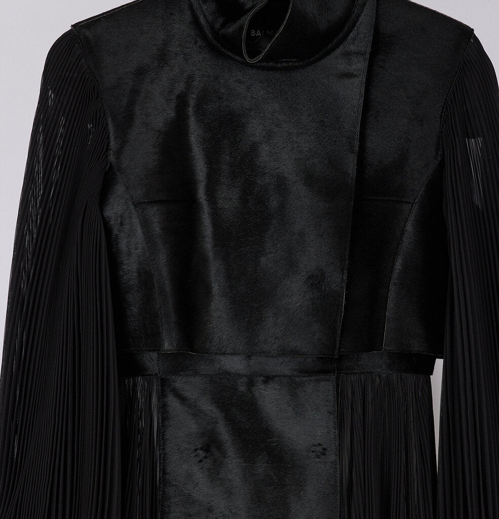 Balmain 2024 Runway Cow Leather Sheer Pleated Long Coat