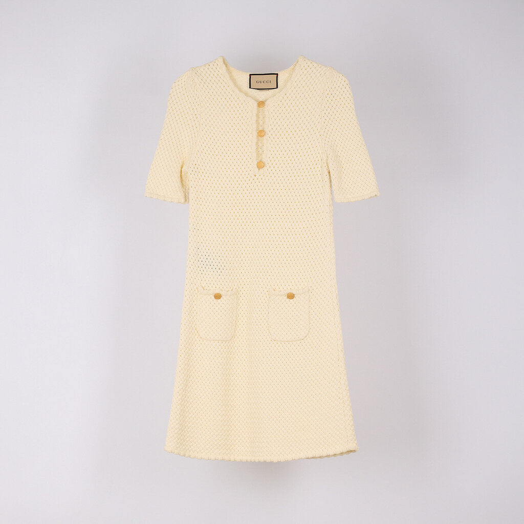 Gucci Ivory Cotton Woven Gold Button Dress