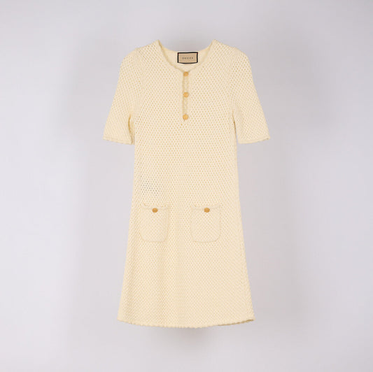 Gucci Ivory Cotton Woven Gold Button Dress