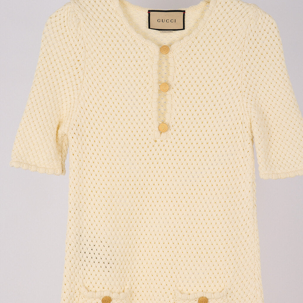 Gucci Ivory Cotton Woven Gold Button Dress