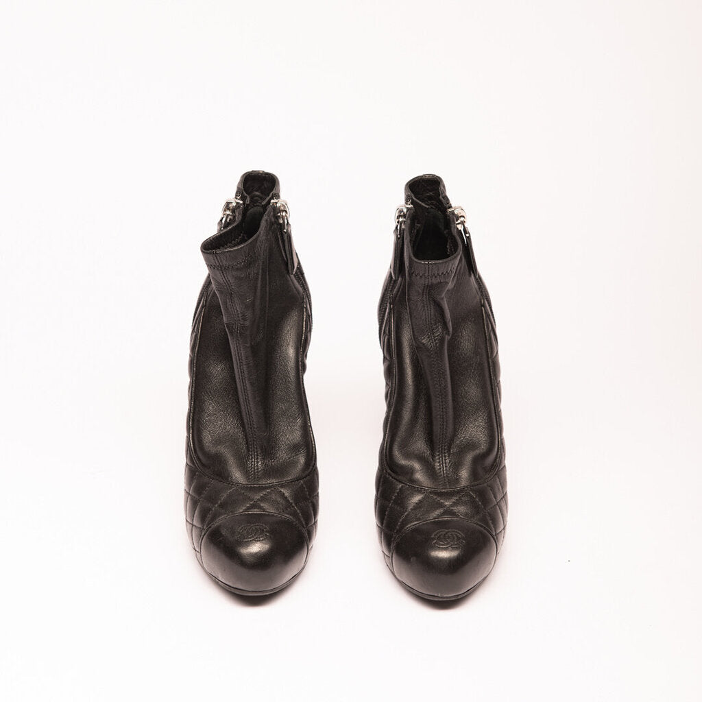 Chanel Black Leather Quilted Cap Toe Bootie
