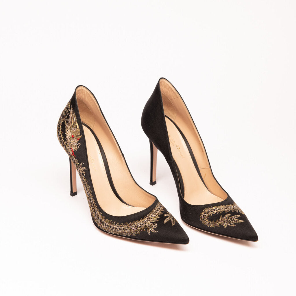 Gianvito Rossi Black Satin Dragon Embroidered Pumps