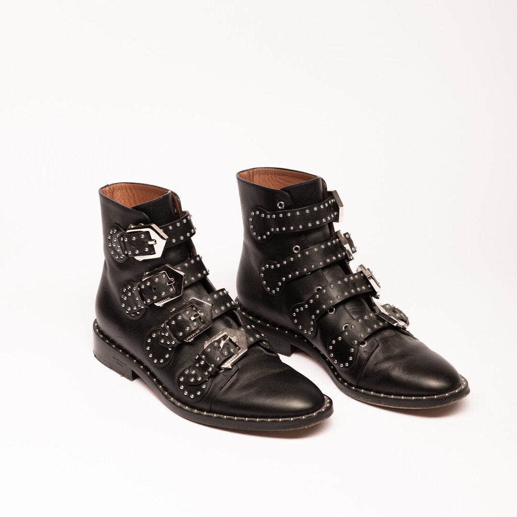 Givency Black Leather Studded Buckle Boots
