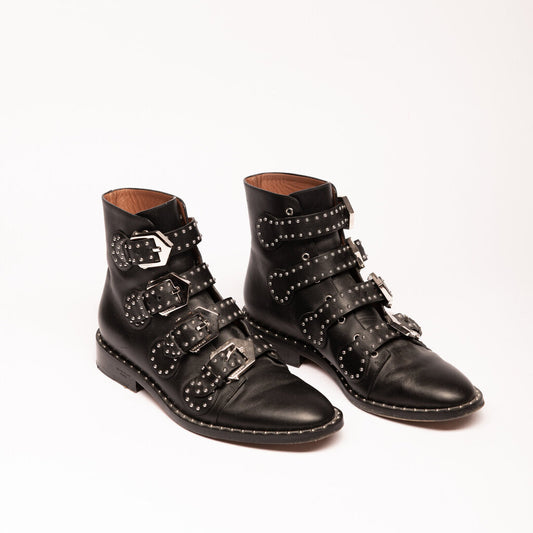 Givency Black Leather Studded Buckle Boots
