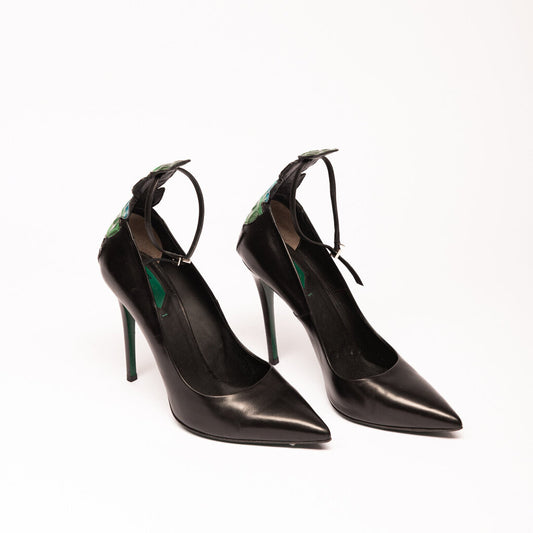 Fendi Black Leather Green Crocodile Heel