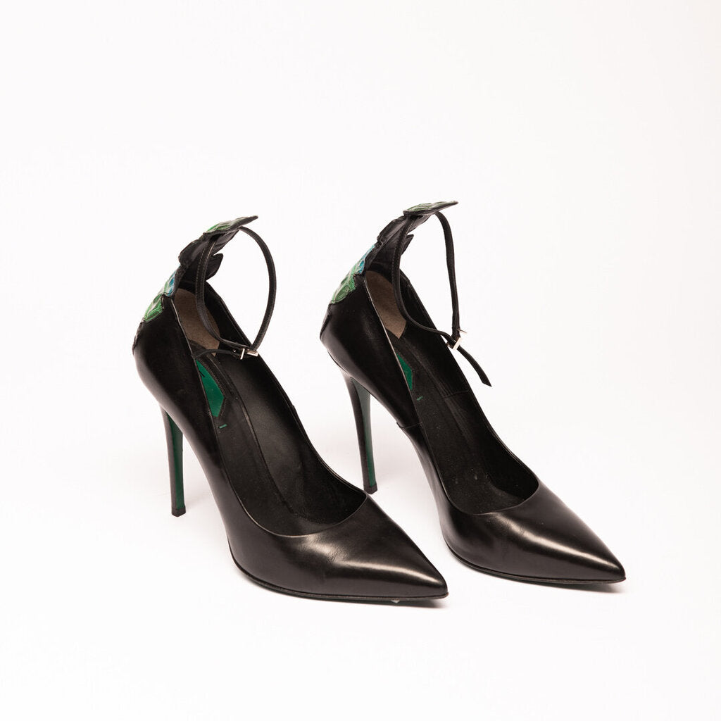 Fendi Black Leather Green Crocodile Heel