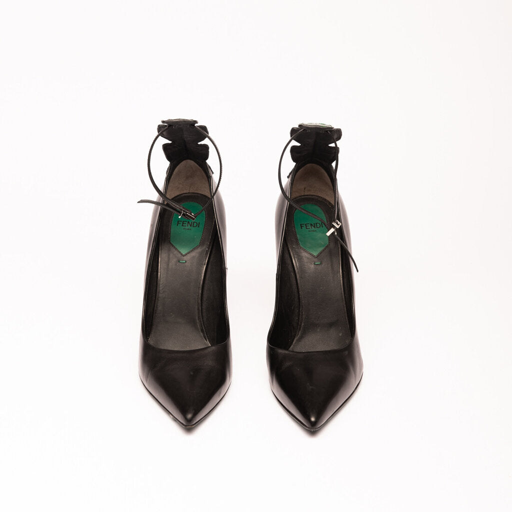 Fendi Black Leather Green Crocodile Heel