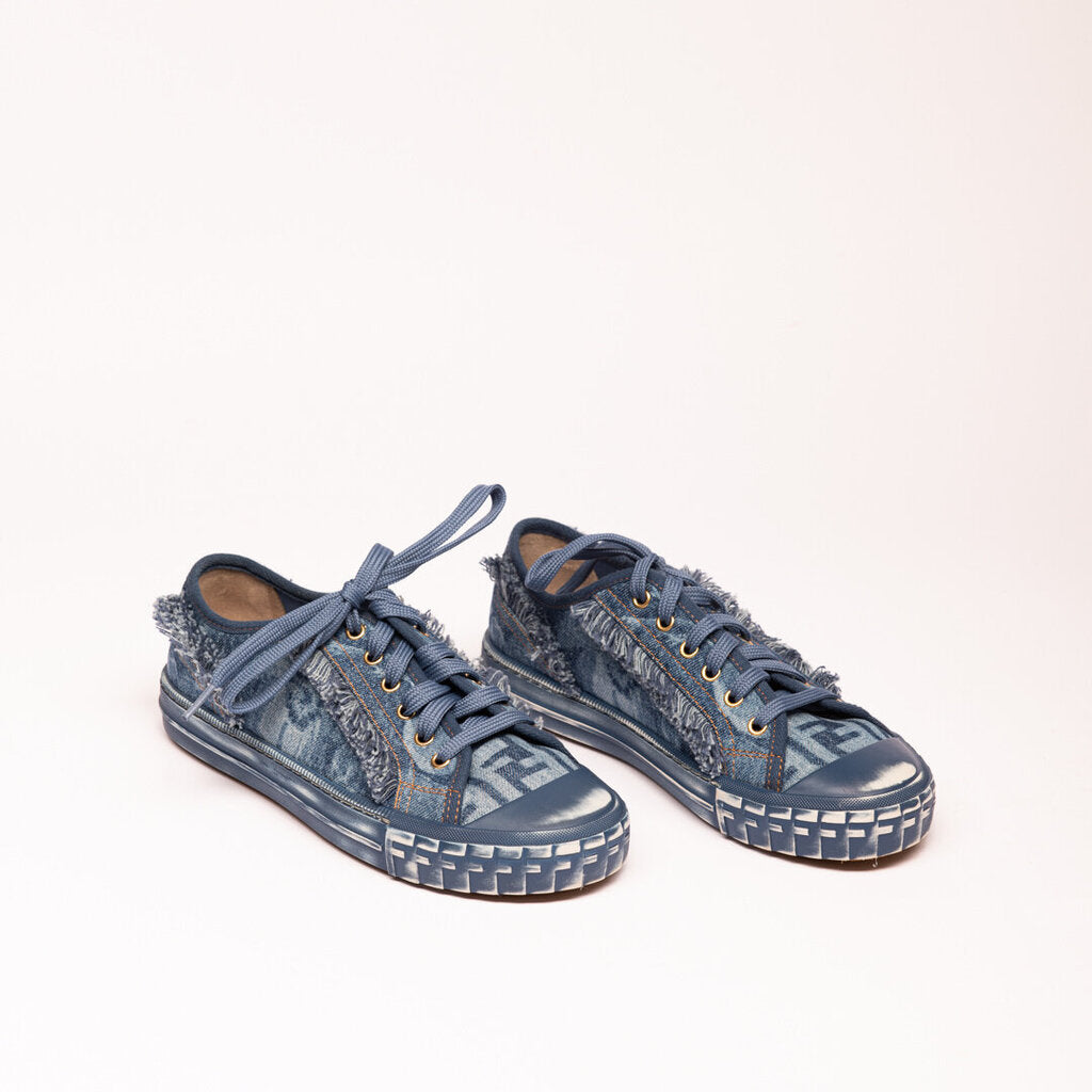 Fendi Blue Frayed Denim Trainers