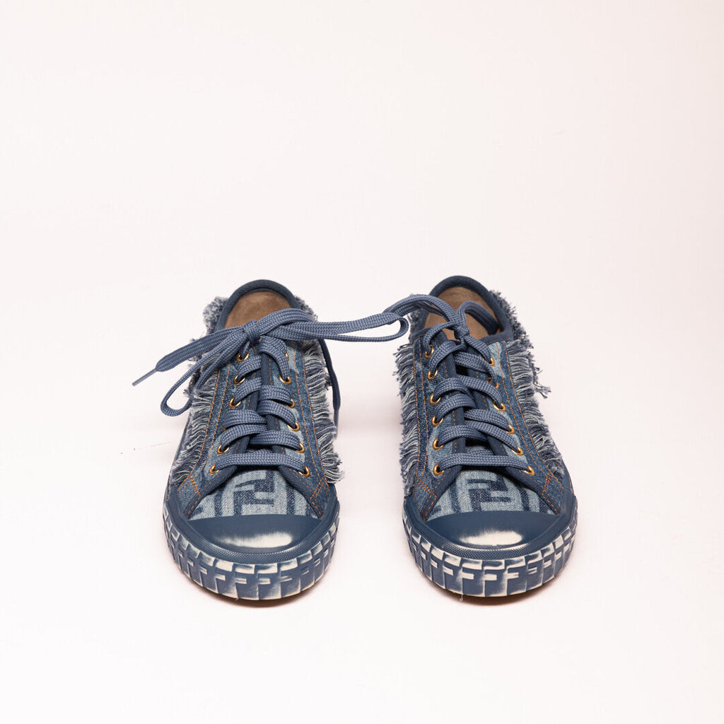 Fendi Blue Frayed Denim Trainers