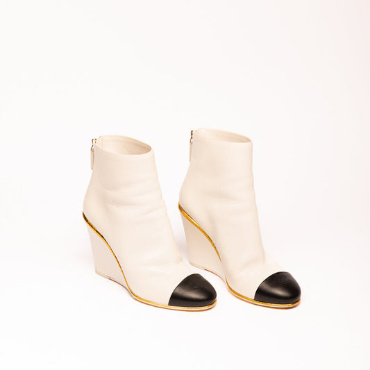 Chanel White Leather Cap Toe Wedge Booties