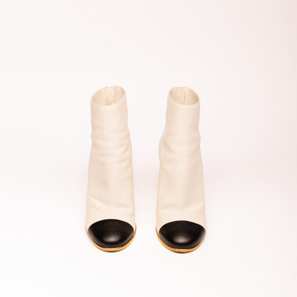 Chanel White Leather Cap Toe Wedge Booties