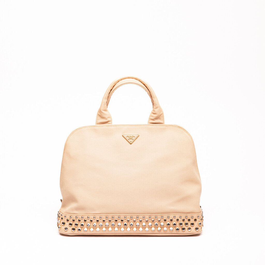 Prada Tan Canvas Embellished Dome Bag