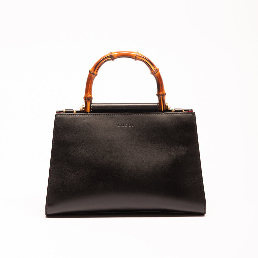 Gucci Black Leather Bamboo Top Handle Bag