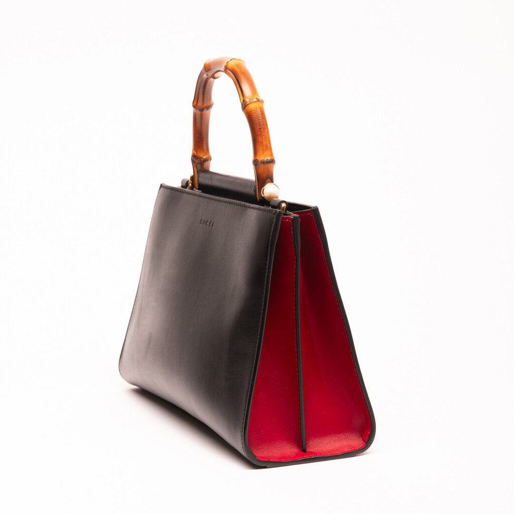 Gucci Black Leather Bamboo Top Handle Bag